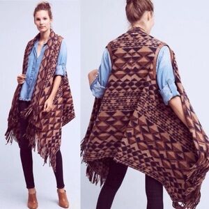 Tracy Reese Anthropologie Canton Fringe Vest Earthy Tones Knit Poncho XS/S